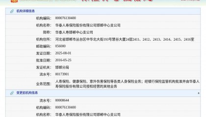 华泰人寿保险股份有限公司邯郸中心支公司换发保险许可证，发证日期2025年8月1日