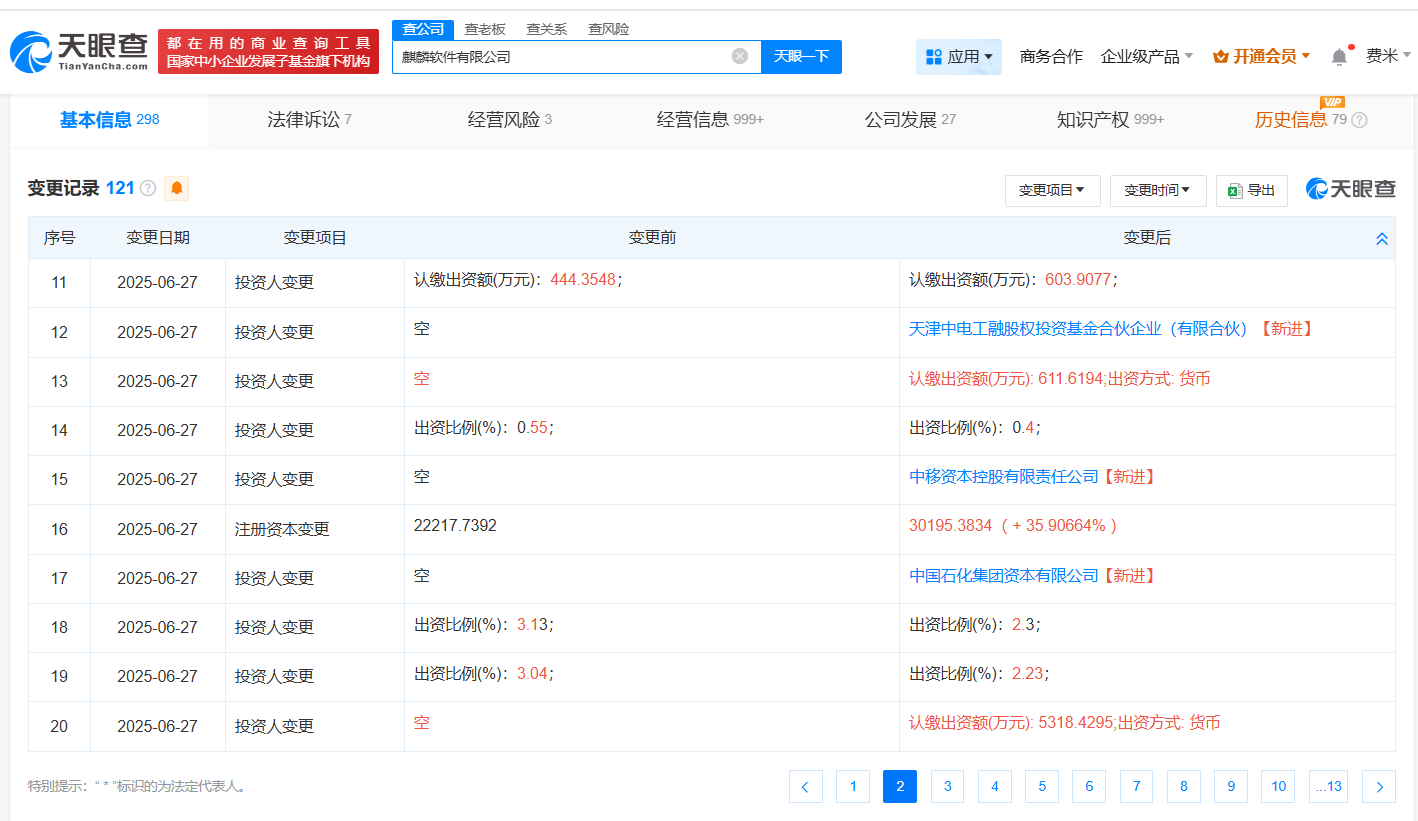中国移动、中国石化等入股麒麟软件