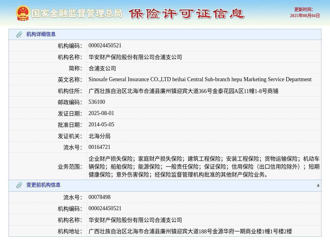 华安财产保险股份有限公司合浦支公司换发保险许可证，发证日期2025年8月1日