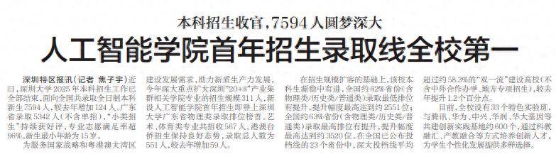 【深圳特区报】人工智能学院首年招生录取线全校第一